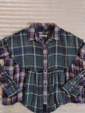 Free People We The Free XS Oversized Plaid Boho Button Down Frayed Seams Patch